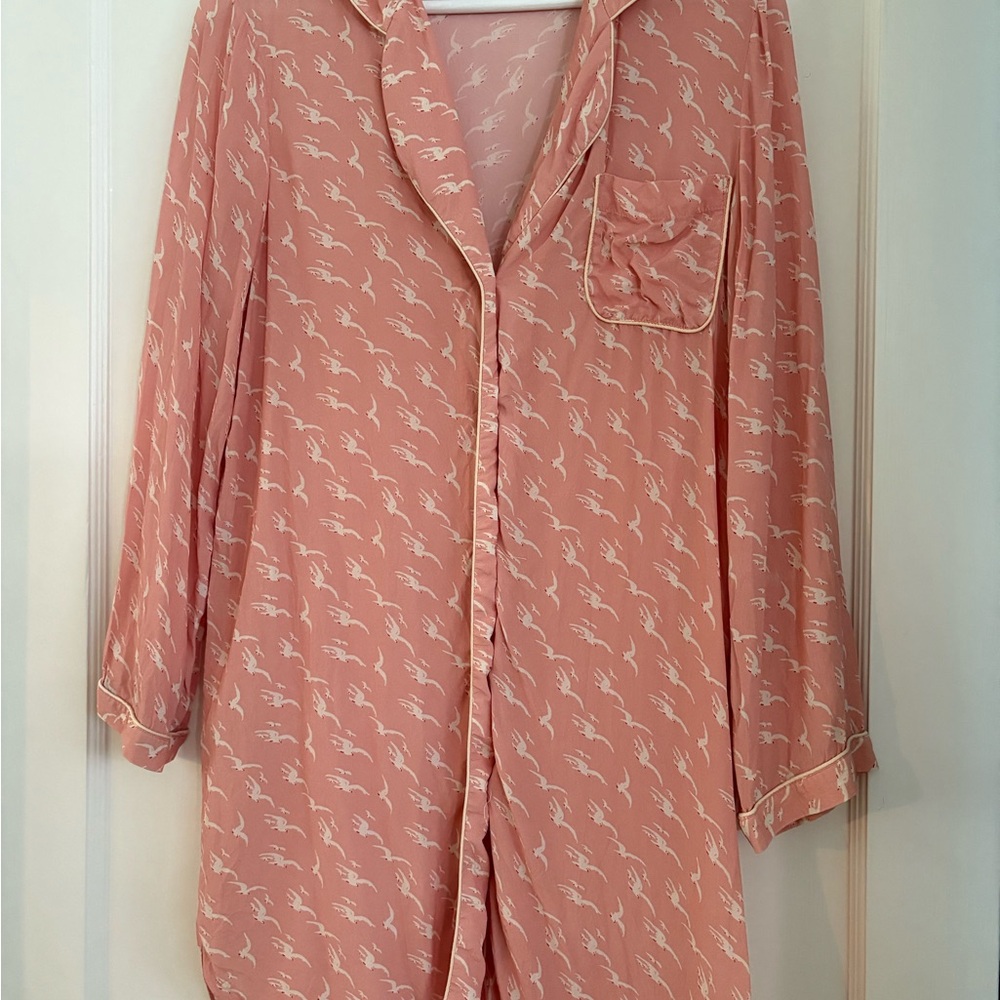 Morgan Lane Silk Pink Button-Up Sleep Shirt with Pink Crane Print
